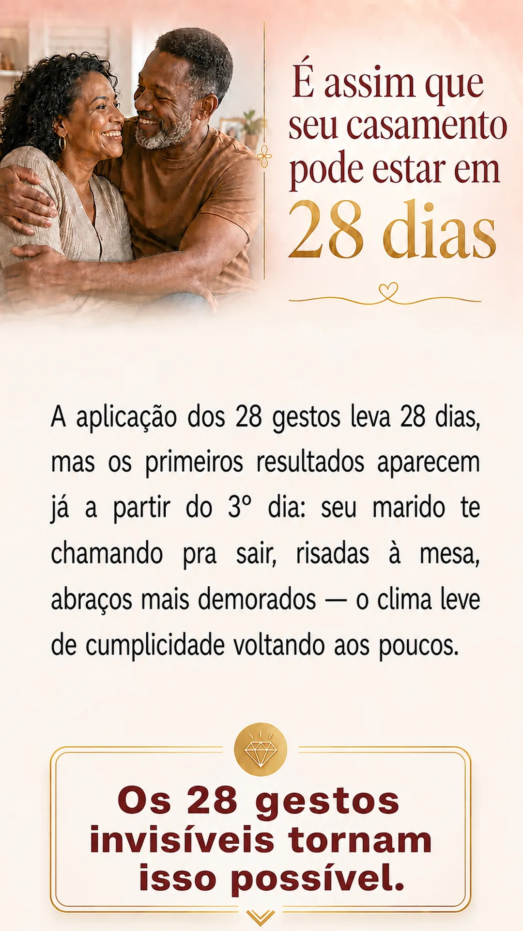É assim que seu casamento pode estar em 28 dias: os primeiros resultados aparecem a partir do 3º dia, com o clima de cumplicidade voltando aos poucos.