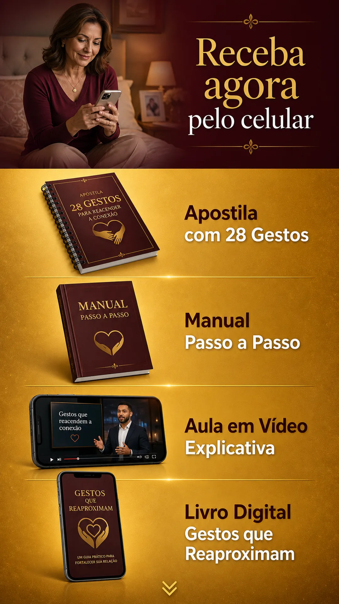 Receba agora pelo celular: apostila com 28 gestos, manual passo a passo, aula em vídeo explicativa e o livro digital Gestos que Reaproximam.