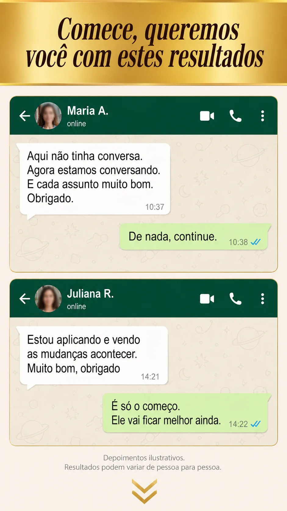 Comece, queremos você com estes resultados: depoimentos ilustrativos de WhatsApp sobre a reaproximação com os 28 gestos.